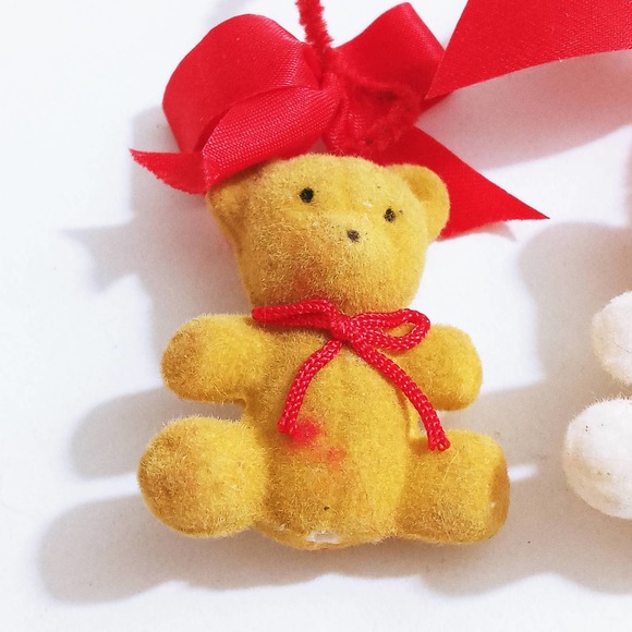 Vintage Flocked Teddy Bears Ornaments Set of 3 Christmas Decorations (z) - Picture 2 of 5